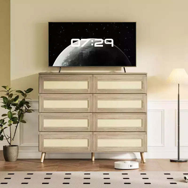 Commode 6 tiroirs en rotin avec large plateau