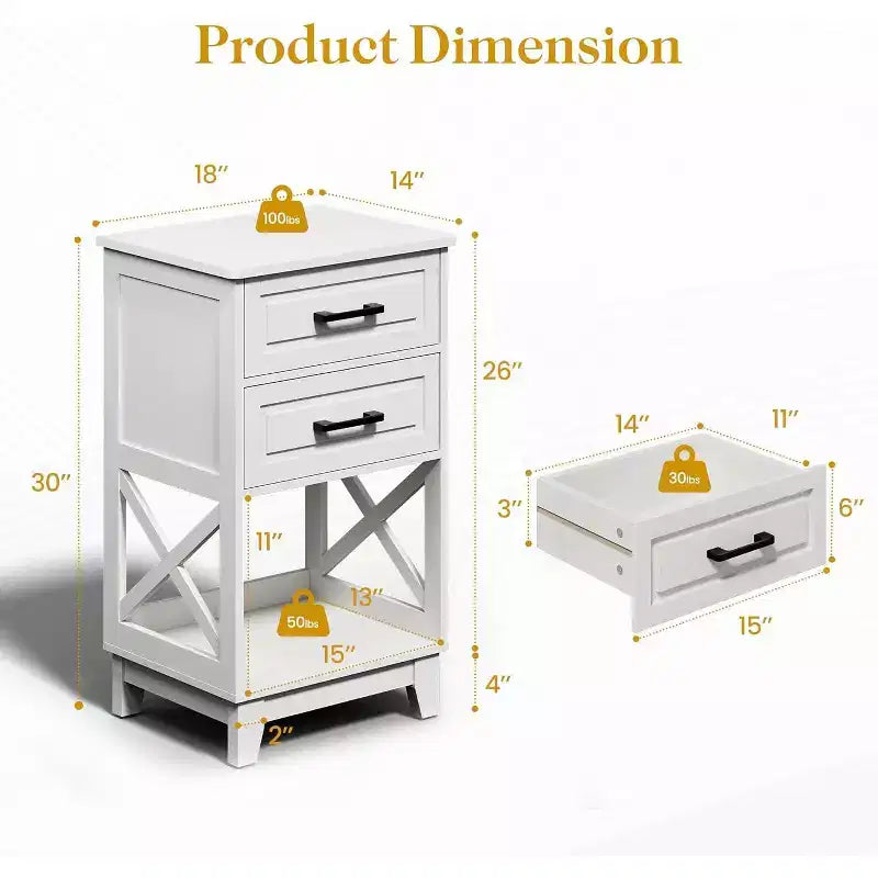 Table de chevet moderne avec tiroirs et étagère ouverte – Blanc