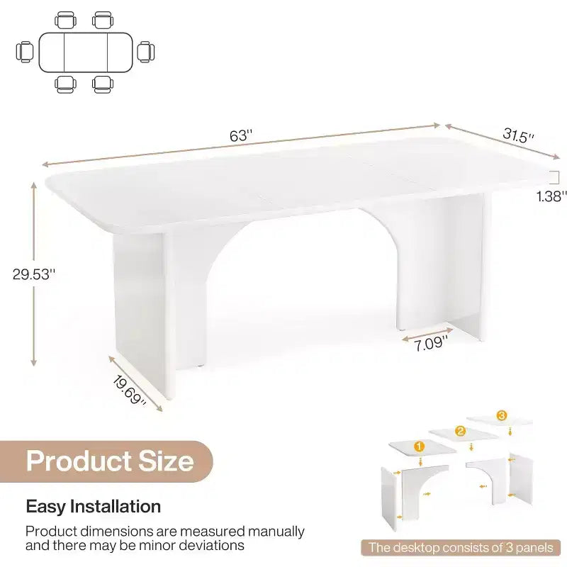 Table de salle à manger rectangulaire de 63 pouces avec pieds arqués, pour 4 à 6 personnes