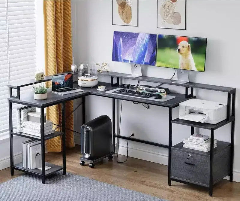 Bureau d'angle en L avec tiroir de classement et étagère ouverte, 193 cm