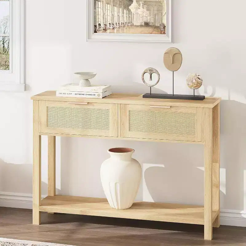 Console étroite avec 2 tiroirs et 2 étagères de rangement