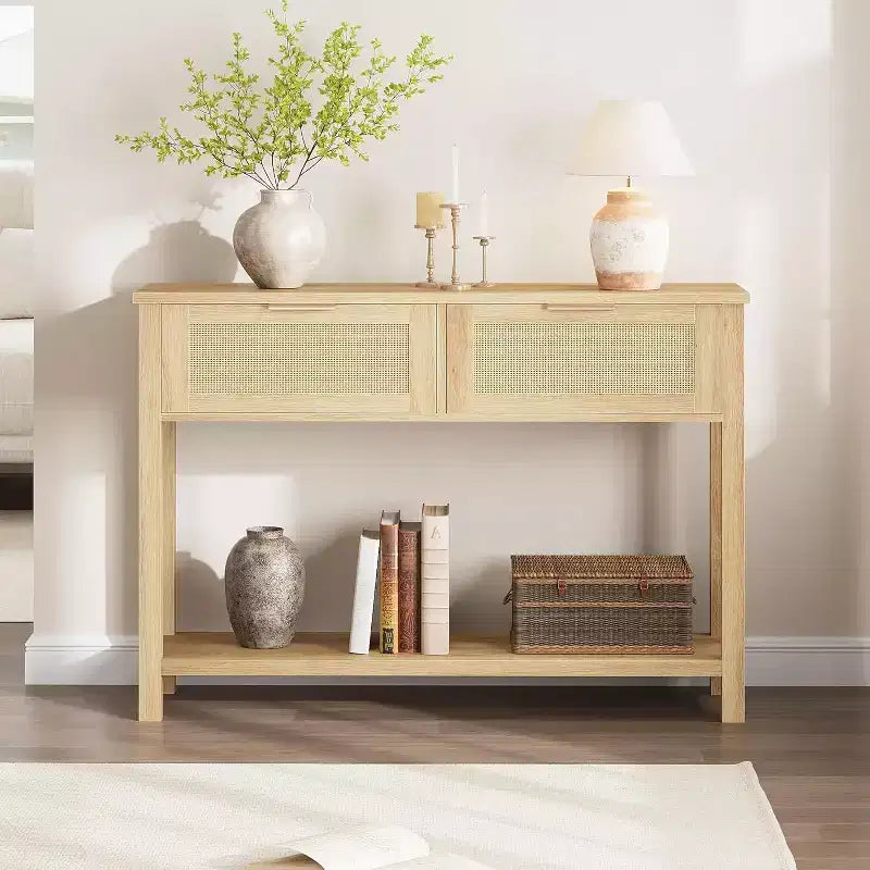 Console étroite avec 2 tiroirs et 2 étagères de rangement