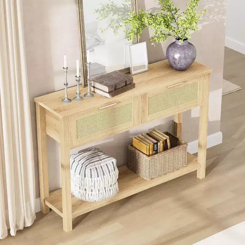 Console étroite avec 2 tiroirs et 2 étagères de rangement