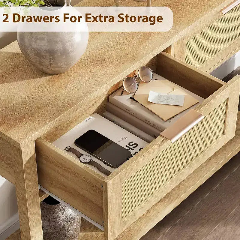 Console étroite avec 2 tiroirs et 2 étagères de rangement