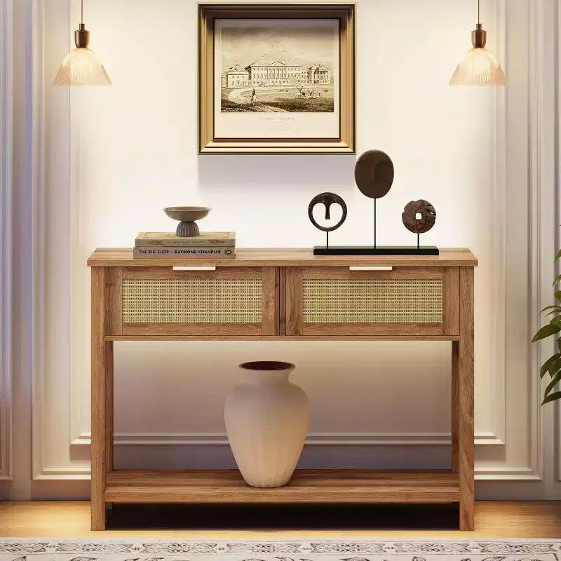 Console étroite avec 2 tiroirs et 2 étagères de rangement