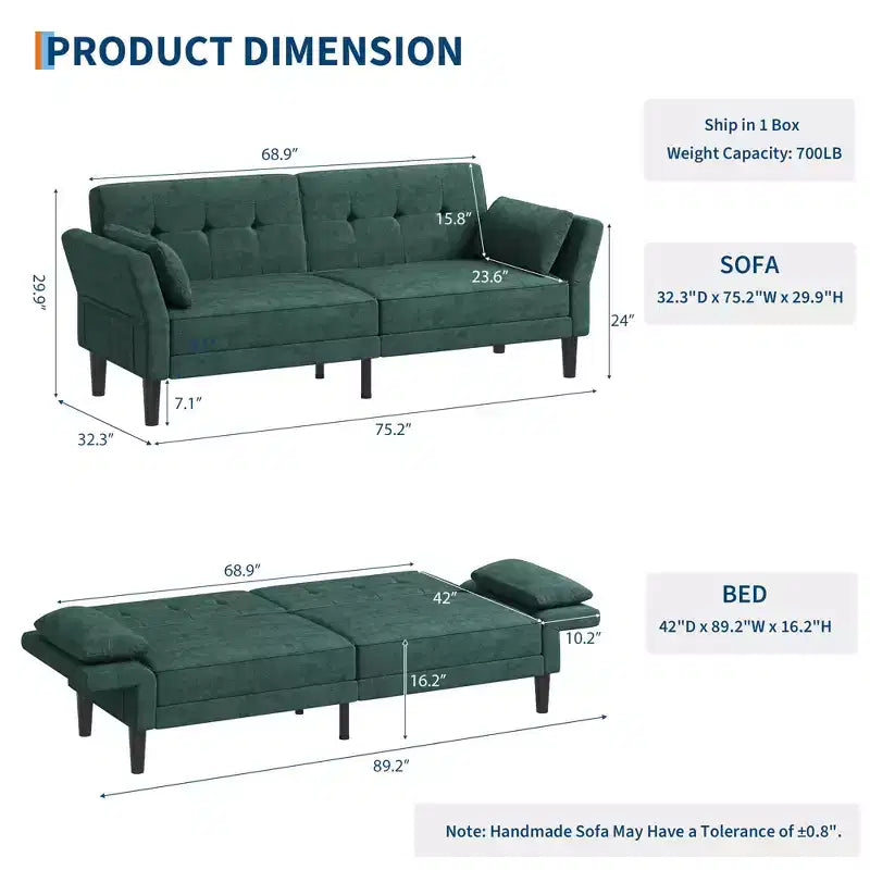 Canapé Futon Convertible avec Dossier et Accoudoirs Réglables, Tissu Chenille, 3 Places