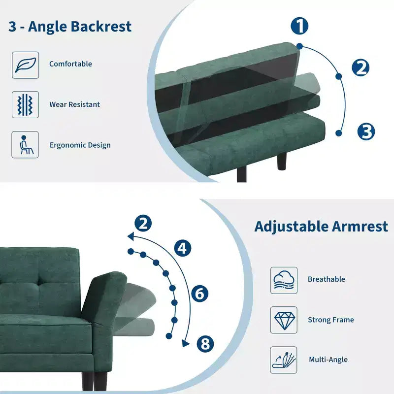 Canapé Futon Convertible avec Dossier et Accoudoirs Réglables, Tissu Chenille, 3 Places