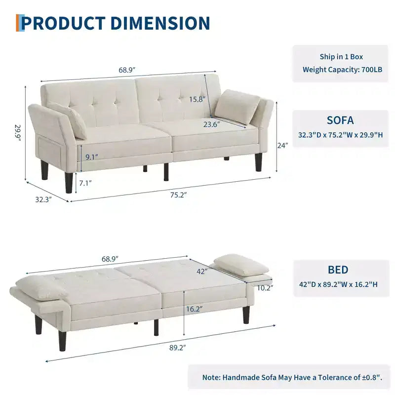 Canapé Futon Convertible avec Dossier et Accoudoirs Réglables, Tissu Chenille, 3 Places