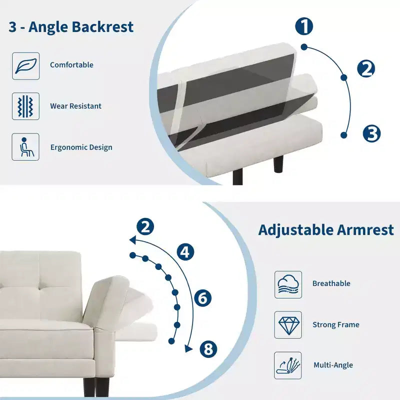 Canapé Futon Convertible avec Dossier et Accoudoirs Réglables, Tissu Chenille, 3 Places