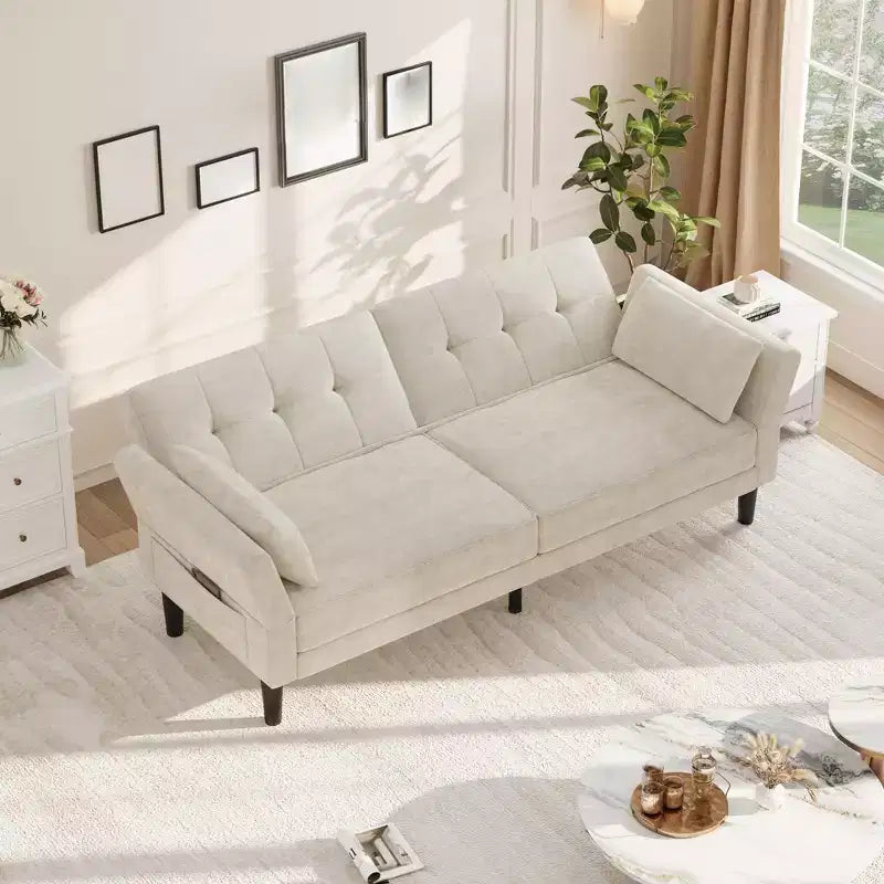 Canapé Futon Convertible avec Dossier et Accoudoirs Réglables, Tissu Chenille, 3 Places