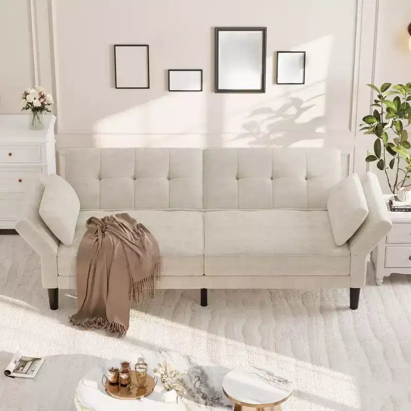 Canapé Futon Convertible avec Dossier et Accoudoirs Réglables, Tissu Chenille, 3 Places
