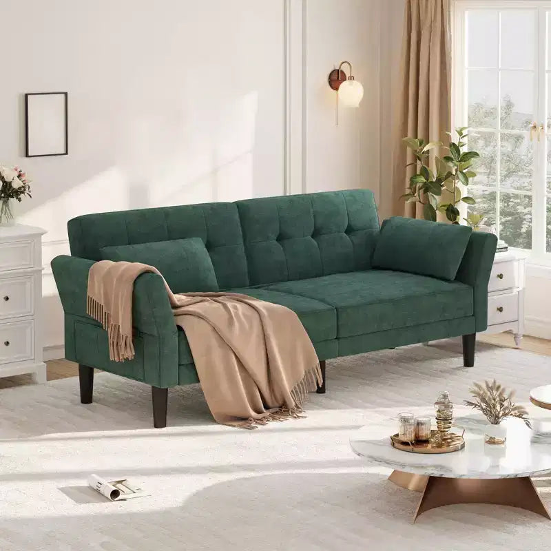 Canapé Futon Convertible avec Dossier et Accoudoirs Réglables, Tissu Chenille, 3 Places
