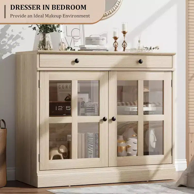 Buffet moderne de 35,4" avec portes en verre, tiroir et étagères réglables