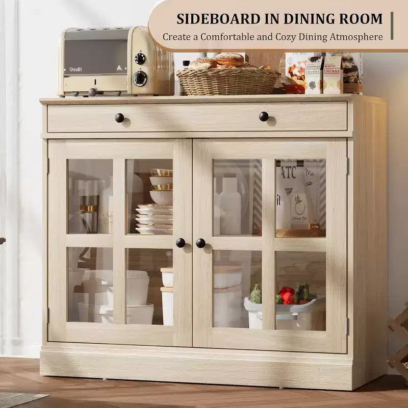 Buffet moderne de 35,4" avec portes en verre, tiroir et étagères réglables