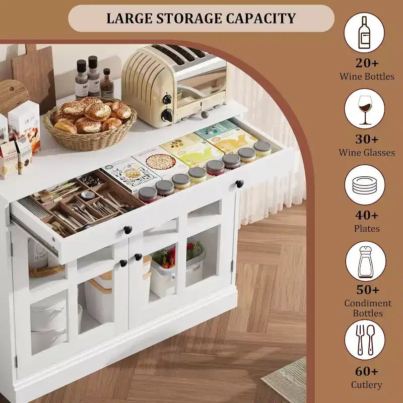 Buffet moderne de 35,4" avec portes en verre, tiroir et étagères réglables