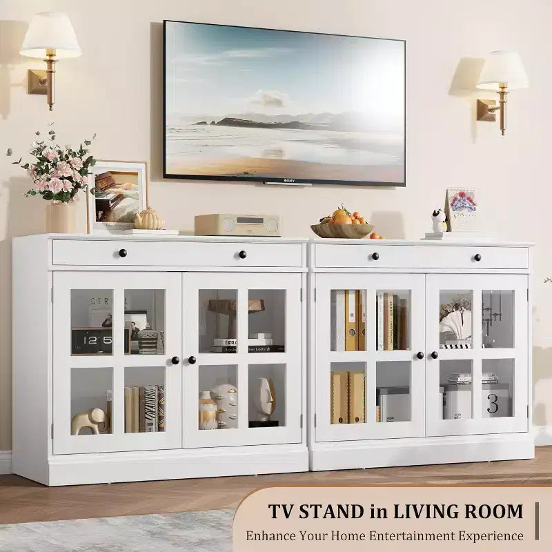 Buffet moderne de 35,4" avec portes en verre, tiroir et étagères réglables