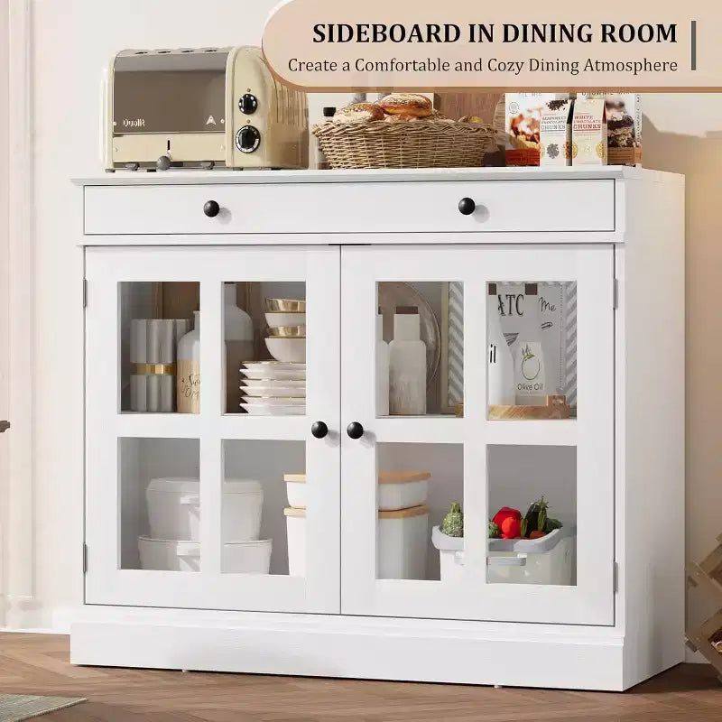 Buffet moderne de 35,4" avec portes en verre, tiroir et étagères réglables