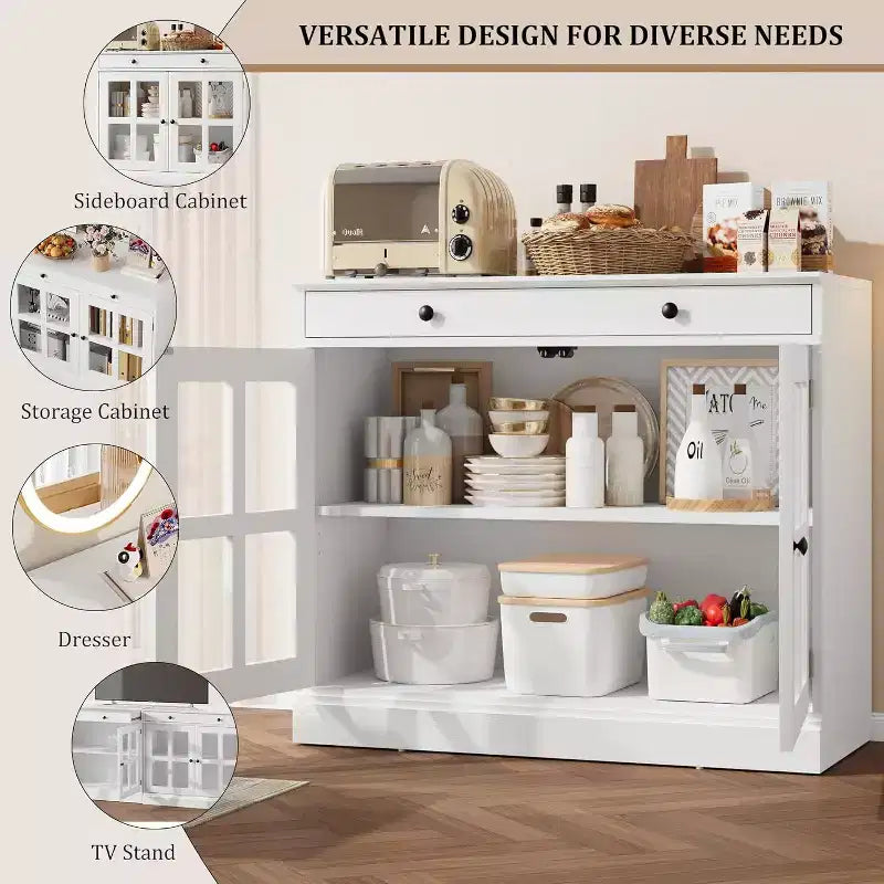 Buffet moderne de 35,4" avec portes en verre, tiroir et étagères réglables