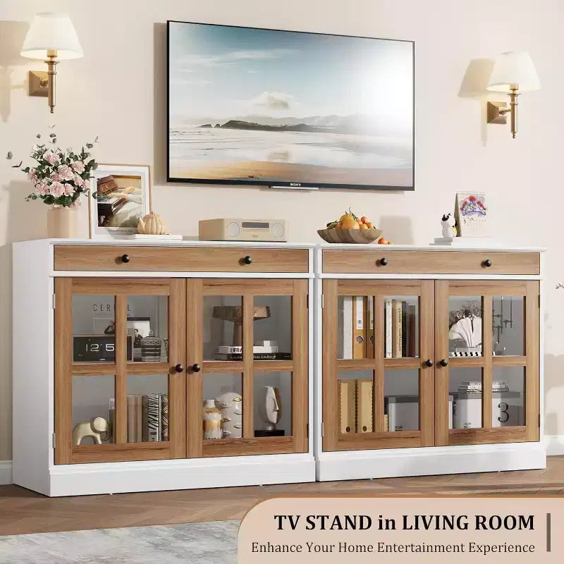 Buffet moderne de 35,4" avec portes en verre, tiroir et étagères réglables
