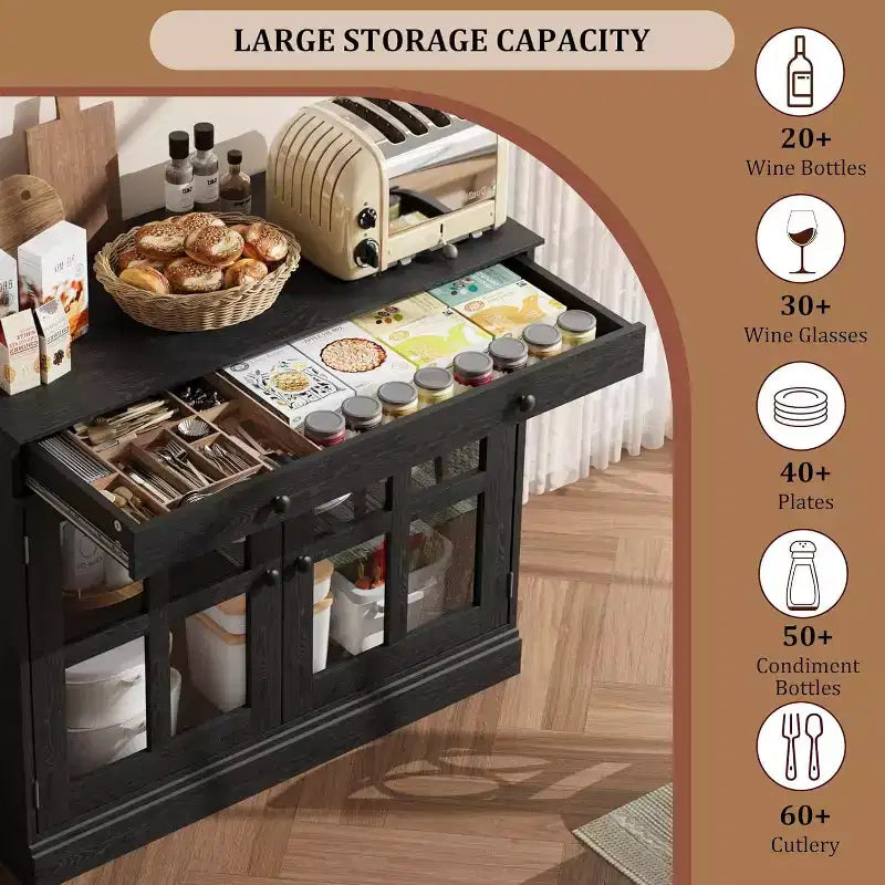 Buffet moderne de 35,4" avec portes en verre, tiroir et étagères réglables