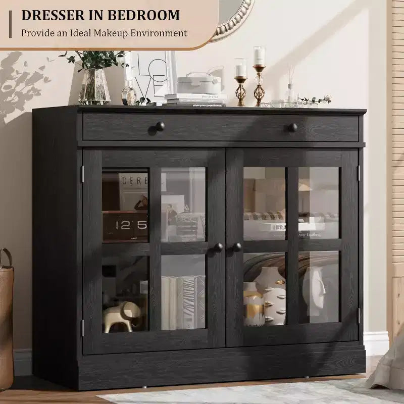 Buffet moderne de 35,4" avec portes en verre, tiroir et étagères réglables