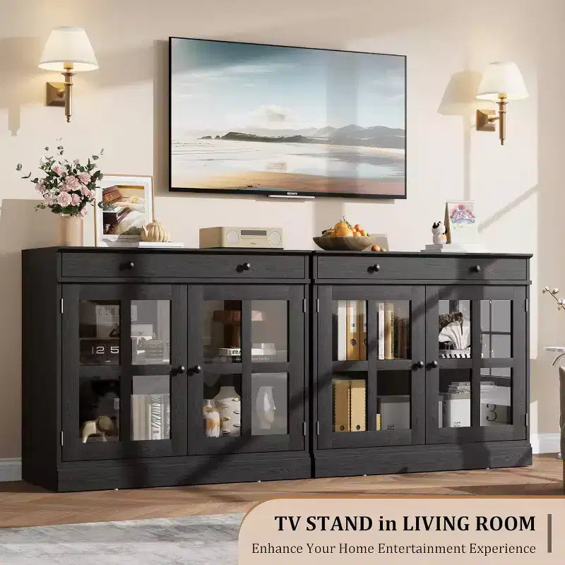 Buffet moderne de 35,4" avec portes en verre, tiroir et étagères réglables