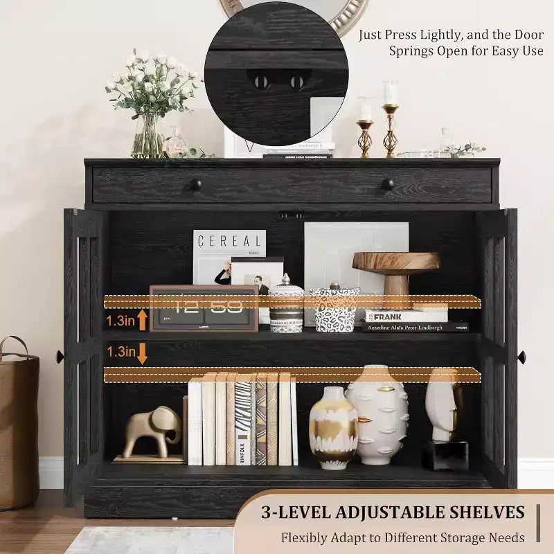 Buffet moderne de 35,4" avec portes en verre, tiroir et étagères réglables