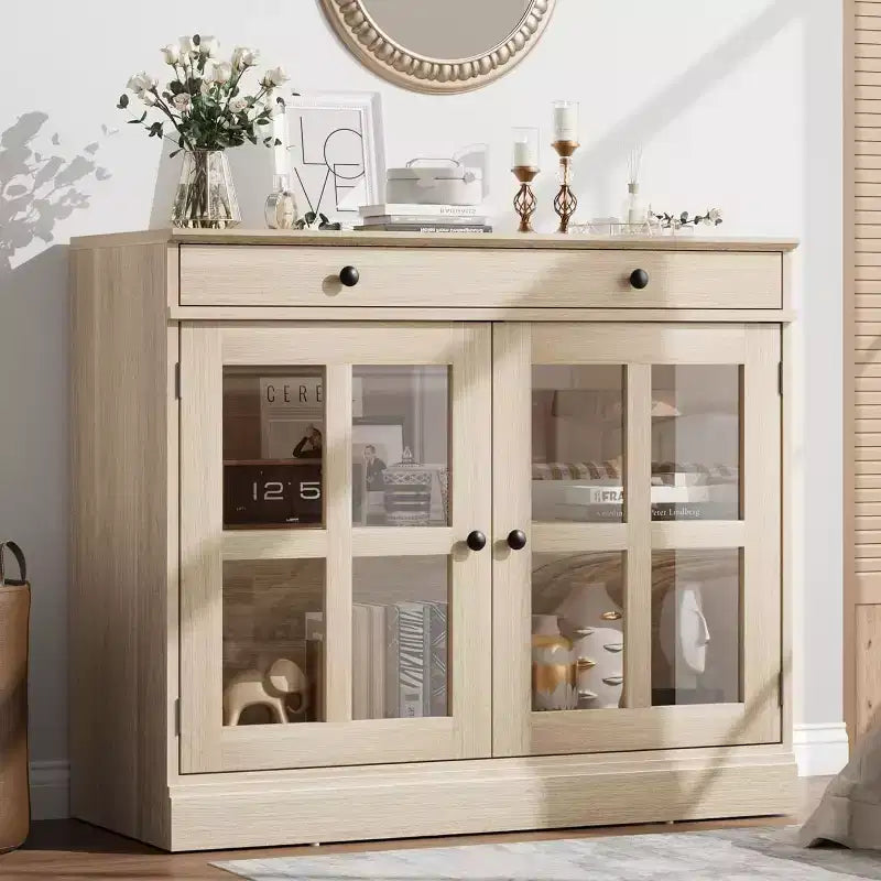 Buffet moderne de 35,4" avec portes en verre, tiroir et étagères réglables