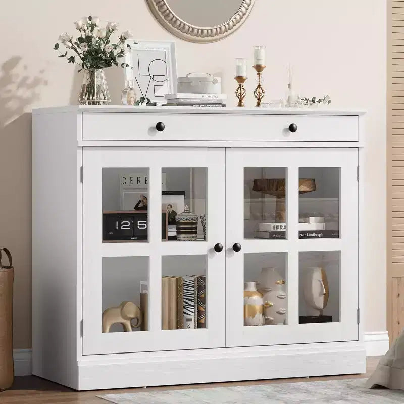Buffet moderne de 35,4" avec portes en verre, tiroir et étagères réglables