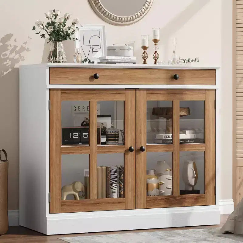 Buffet moderne de 35,4" avec portes en verre, tiroir et étagères réglables