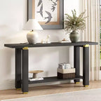 Console étroite de 63 pouces avec étagère ouverte et accents métalliques, noire