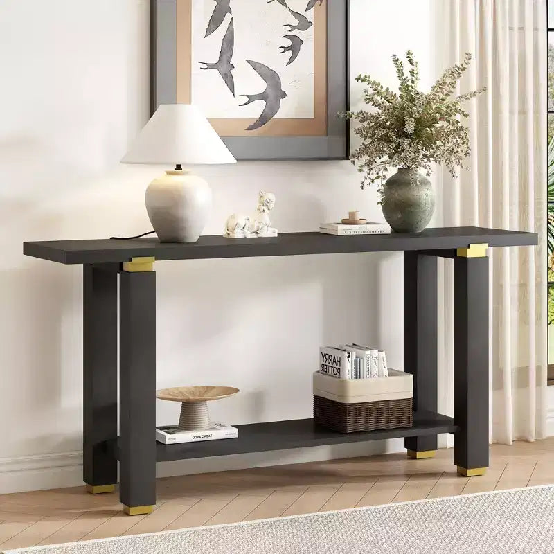 Console étroite de 63 pouces avec étagère ouverte et accents métalliques, noire