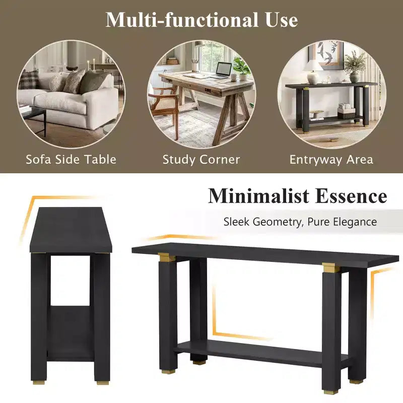 Console étroite de 63 pouces avec étagère ouverte et accents métalliques, noire