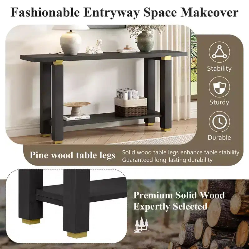 Console étroite de 63 pouces avec étagère ouverte et accents métalliques, noire