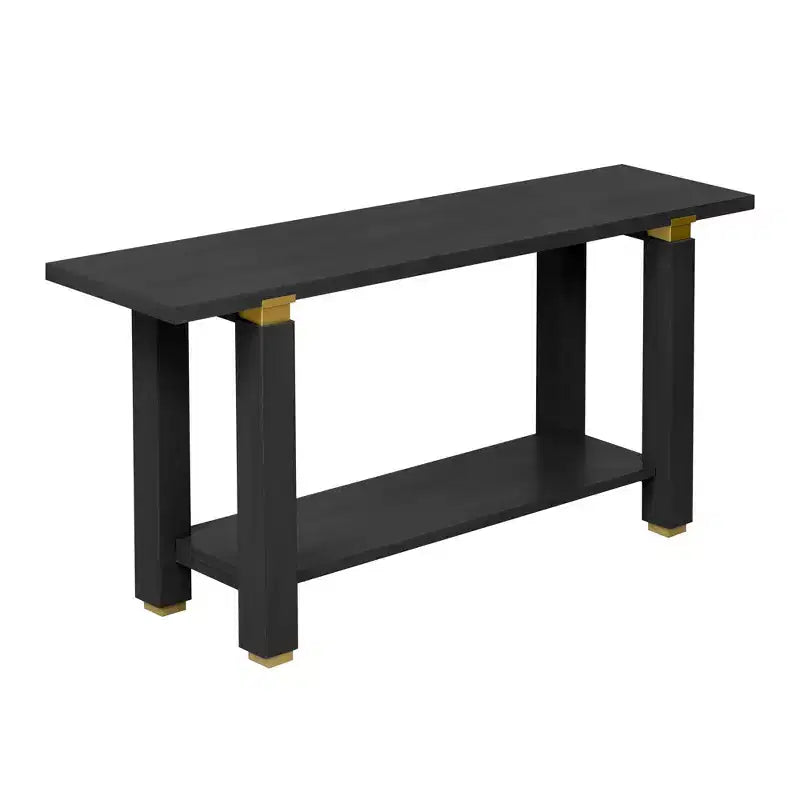 Console étroite de 63 pouces avec étagère ouverte et accents métalliques, noire