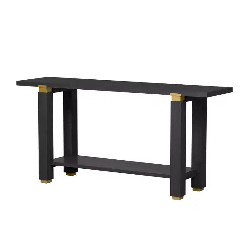 Console étroite de 63 pouces avec étagère ouverte et accents métalliques, noire