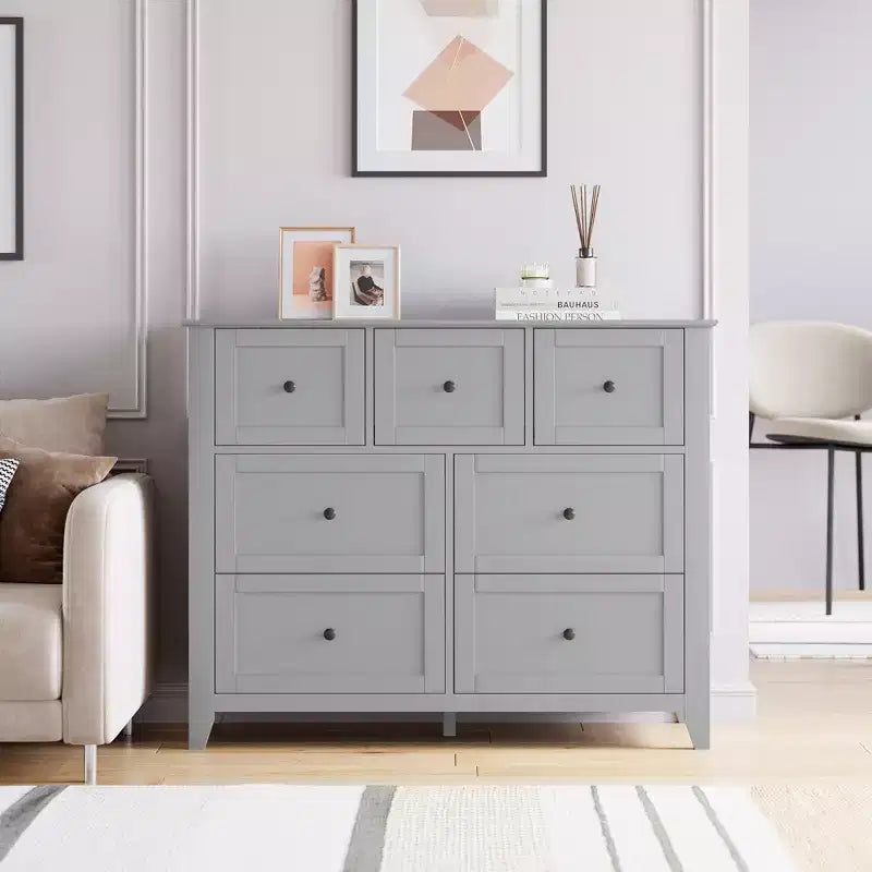 Wood Storage Cabinet with Chest of Drawers,Dresser with 7 Drawers, for Hallway Living Room Bedroom, Grey