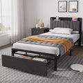 Twin Size Bed Frame with Storage Headboard, Black Twin Platform Bed with Large Drawer and Charging Station, Industrial No Box Spring Needed Bedframe
