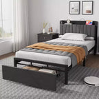 Twin Size Bed Frame with Storage Headboard, Black Twin Platform Bed with Large Drawer and Charging Station, Industrial No Box Spring Needed Bedframe