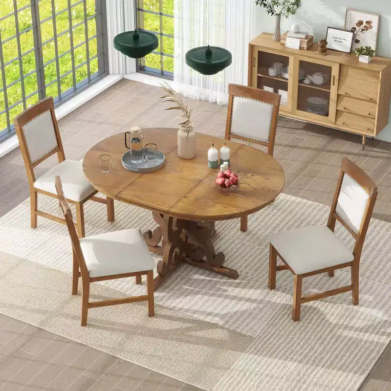Ensemble de salle à manger extensible rond 5 pièces pour 4 personnes avec chaises rembourrées
