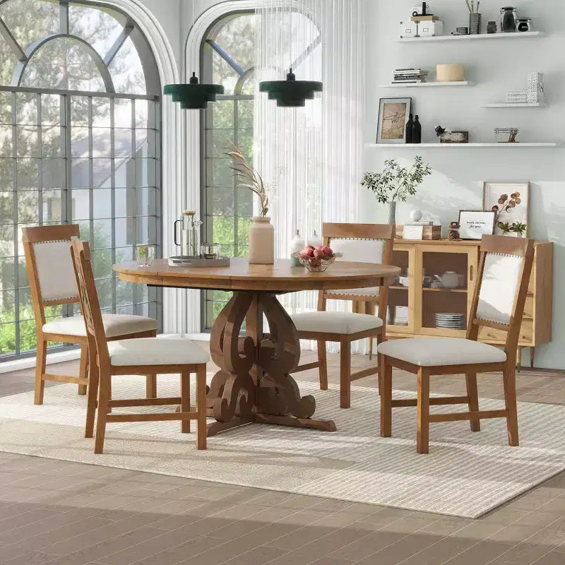 Ensemble de salle à manger extensible rond 5 pièces pour 4 personnes avec chaises rembourrées