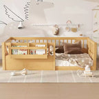 Cadre de lit au sol Montessori (Simple/Double/King) en bois avec barrière de sécurité et étagère à livres
