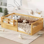 Cadre de lit au sol Montessori (Simple/Double/King) en bois avec barrière de sécurité et étagère à livres