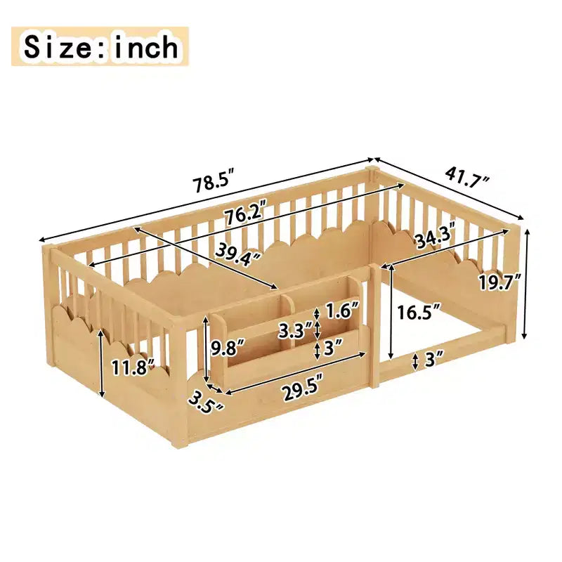 Cadre de lit au sol Montessori (Simple/Double/King) en bois avec barrière de sécurité et étagère à livres