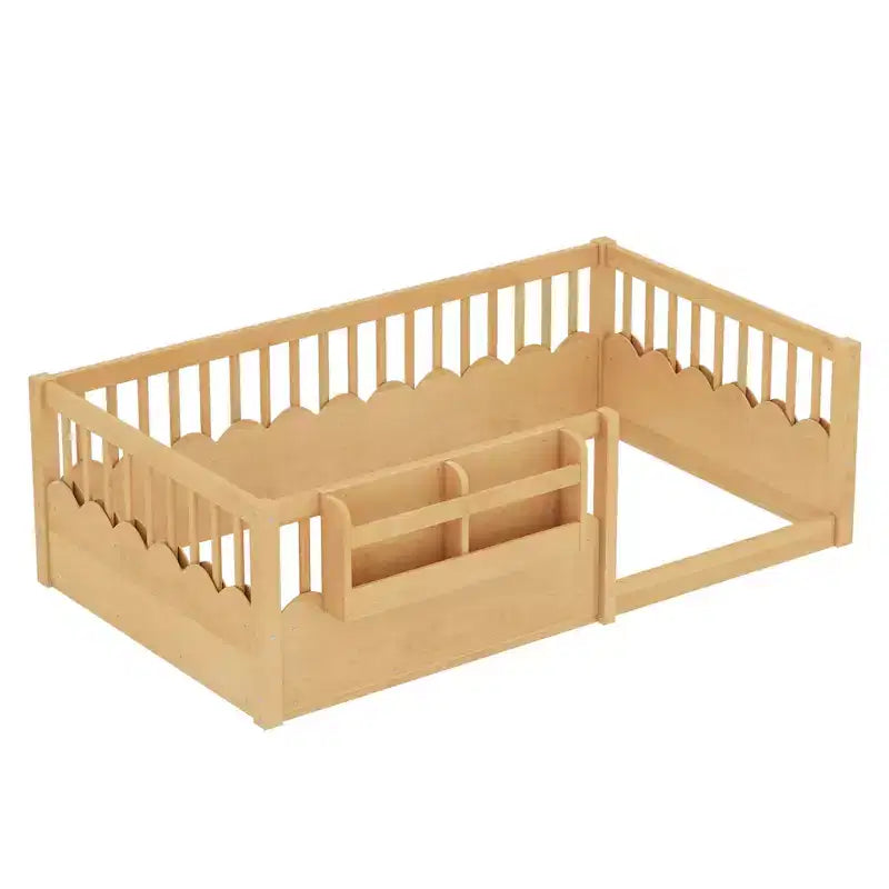 Cadre de lit au sol Montessori (Simple/Double/King) en bois avec barrière de sécurité et étagère à livres