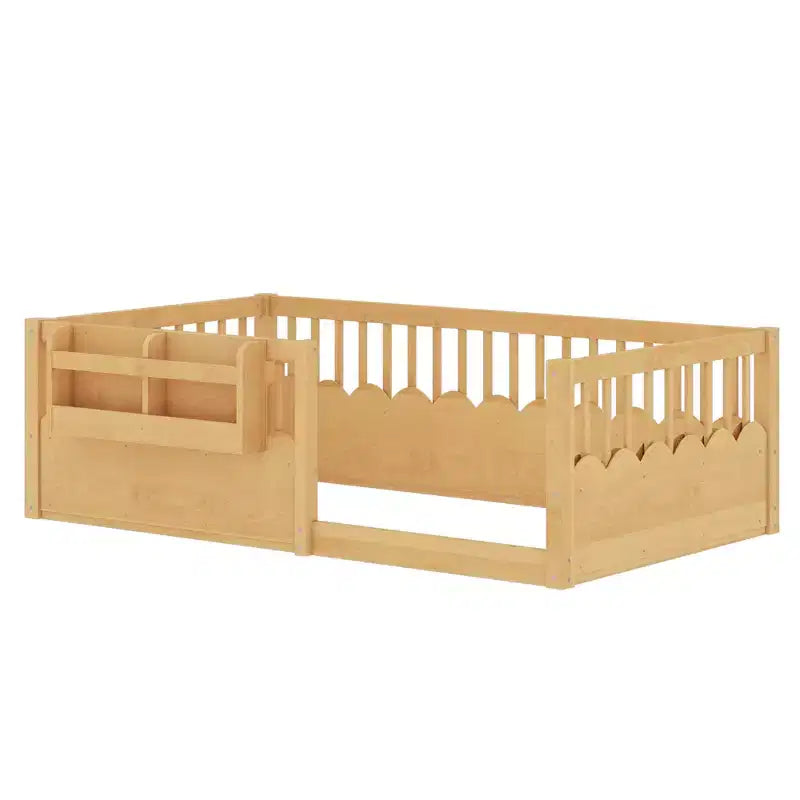 Cadre de lit au sol Montessori (Simple/Double/King) en bois avec barrière de sécurité et étagère à livres