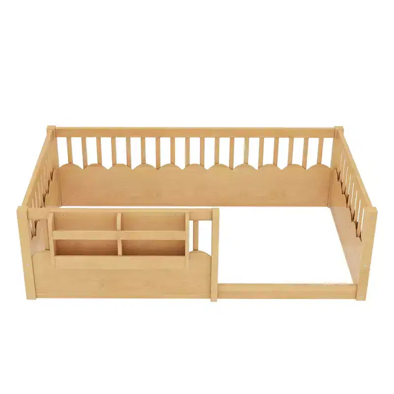 Cadre de lit au sol Montessori (Simple/Double/King) en bois avec barrière de sécurité et étagère à livres