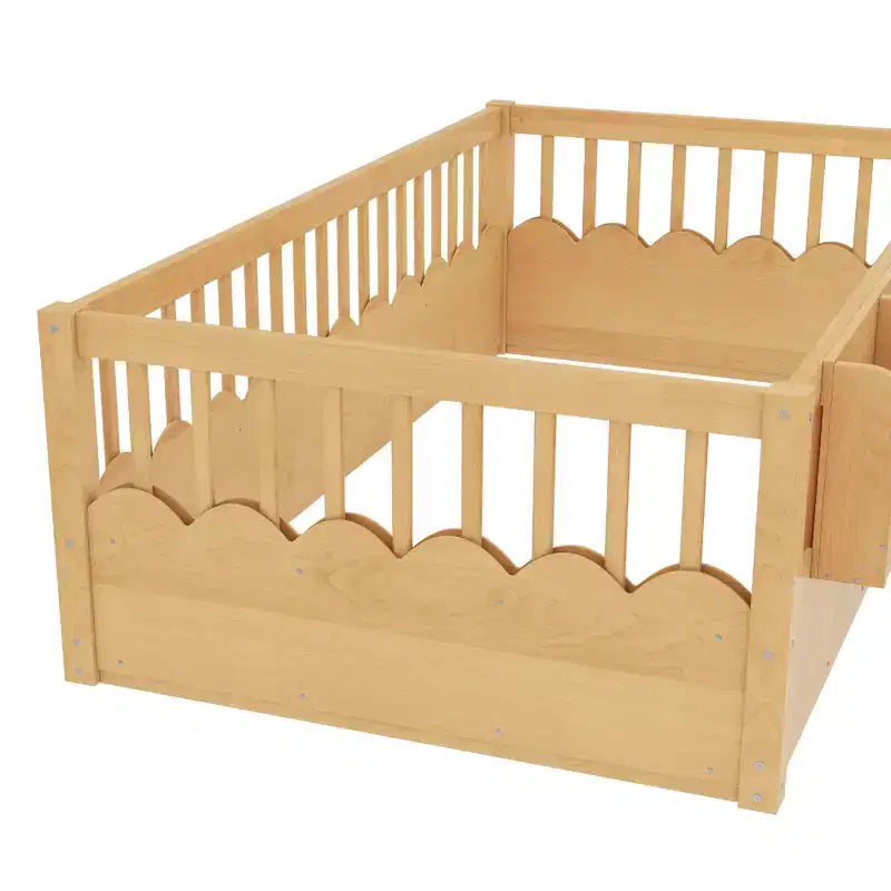 Cadre de lit au sol Montessori (Simple/Double/King) en bois avec barrière de sécurité et étagère à livres