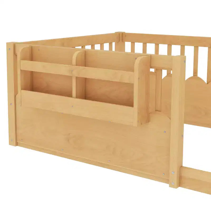 Cadre de lit au sol Montessori (Simple/Double/King) en bois avec barrière de sécurité et étagère à livres