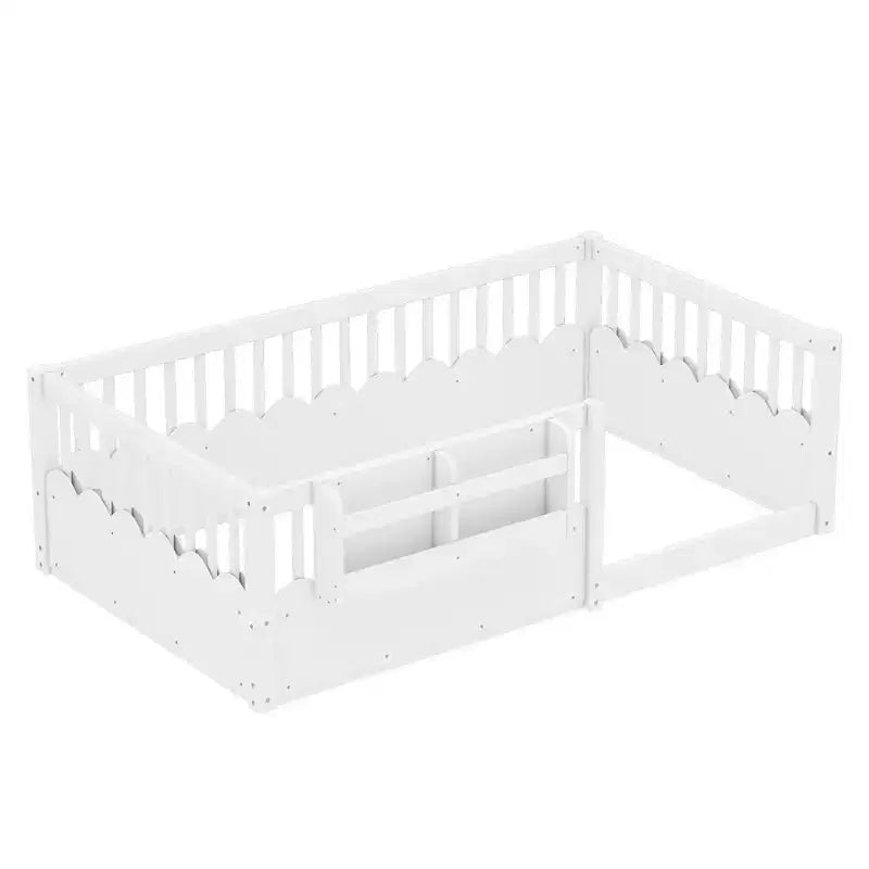 Cadre de lit au sol Montessori (Simple/Double/King) en bois avec barrière de sécurité et étagère à livres